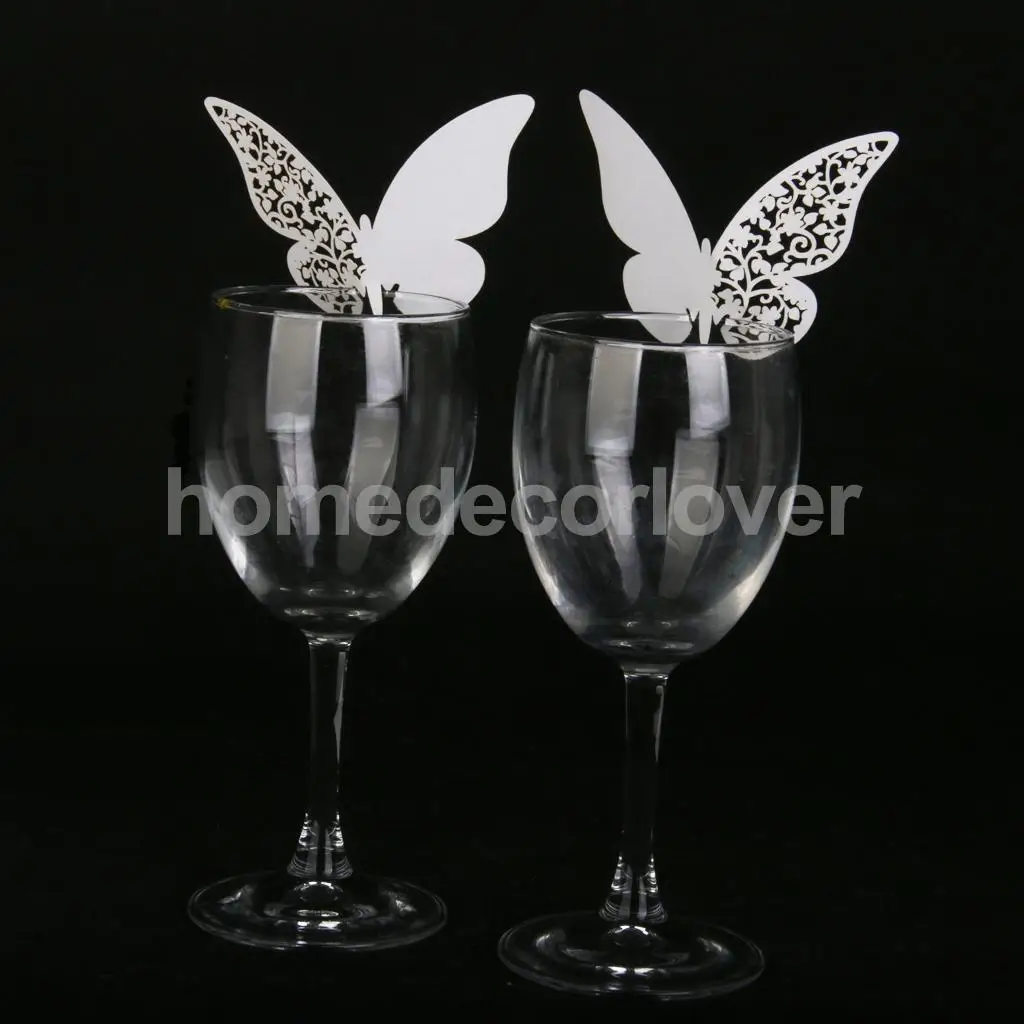 

50 Butterfly Wedding Wine Glass Name Place Cards Cut Pearlescent Card
