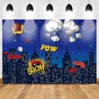 Супергерой тема фон для фотографии бум День рождения баннер реквизит для мальчиков ночь Сияющие Звезды облака здания Pow Biff