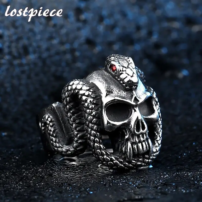 Lostpiece 2018 Новый Мода черный серебристый цвет Цвет Нержавеющая сталь змея Skull Ring