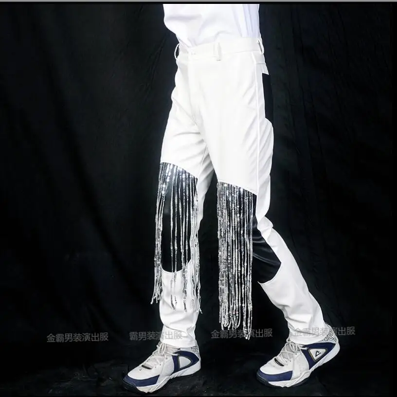 S-5xl Nightclub Men Singers Costume Dj Bar Fashion Tide Sequins Trousers Black And White Splice Leather Pants Stage Clothing