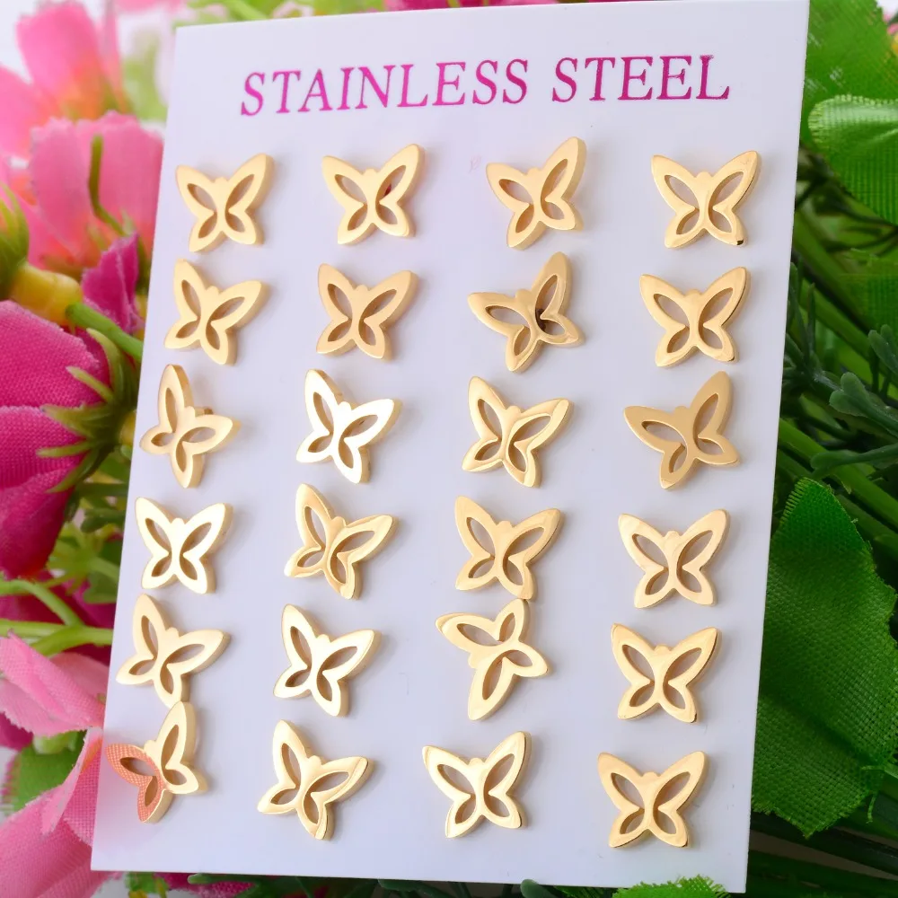 Прочные серьги-гвоздики из нержавеющей стали с золотой бабочкой винтажные