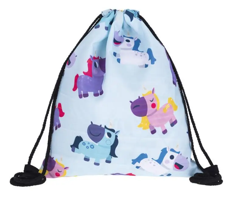 Fedex 50 pieces colorful 3D Unicorn horse corn Printing Travel Beach Bag Backpack Drawstring Schoolbag