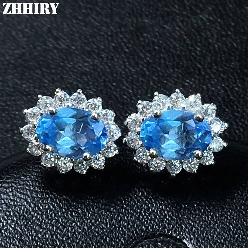 

ZHHIRY Natural Topaz Gem Earrings Sky Blue Stone 925 Sterling Silver Earing Women Ear Studs Fine Jewelry Birthstone
