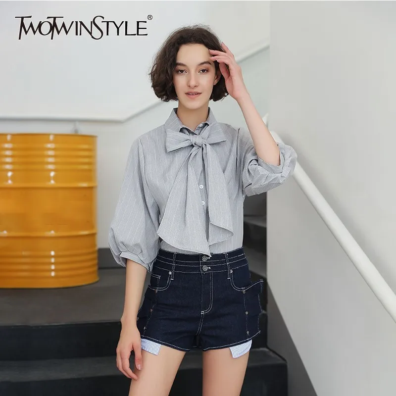 Блузка TWOTWINSTYLE с бантом женский палаццо полосатый рукав фонарик тонкий Женский