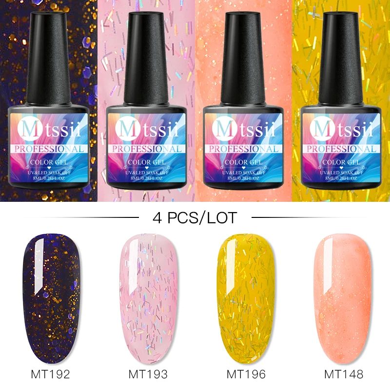 

Mtssii 4Pcs Nail Color Gel Polish Set Matte Top Glitter Soak Off UV Gel Varnish Nail Art Manicure Lacquer Decorations