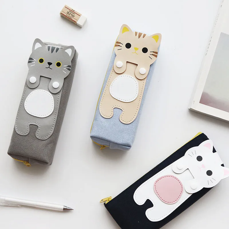 Большой Ёмкость мило холст сумочка для ручек и карандашей держатель котенка с