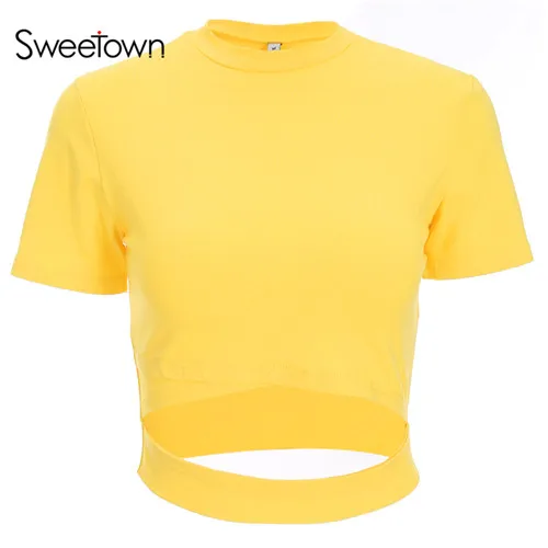 Sweetown белый укороченный Топ Harajuku футболка 6 цветов открытые женские летние топы Повседневный женский в Корейском стиле футболка BTS Топ - Цвет: yellow