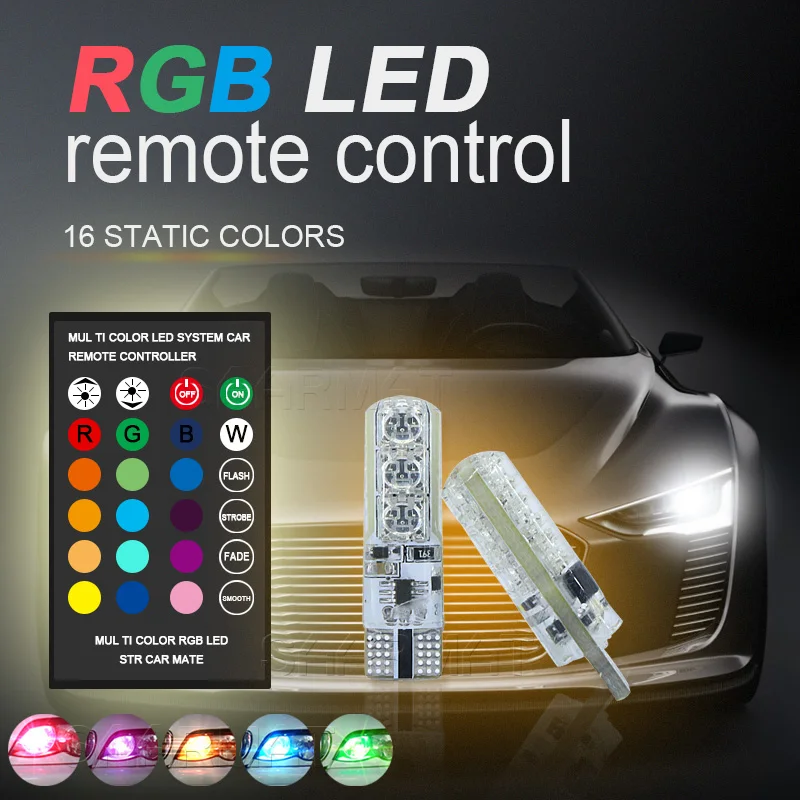 1 Pair T10 W5W 194 RGB LED Clearance Light Lamp Parking Bulb Colorful Car Interior with Remote Control | Автомобили и мотоциклы