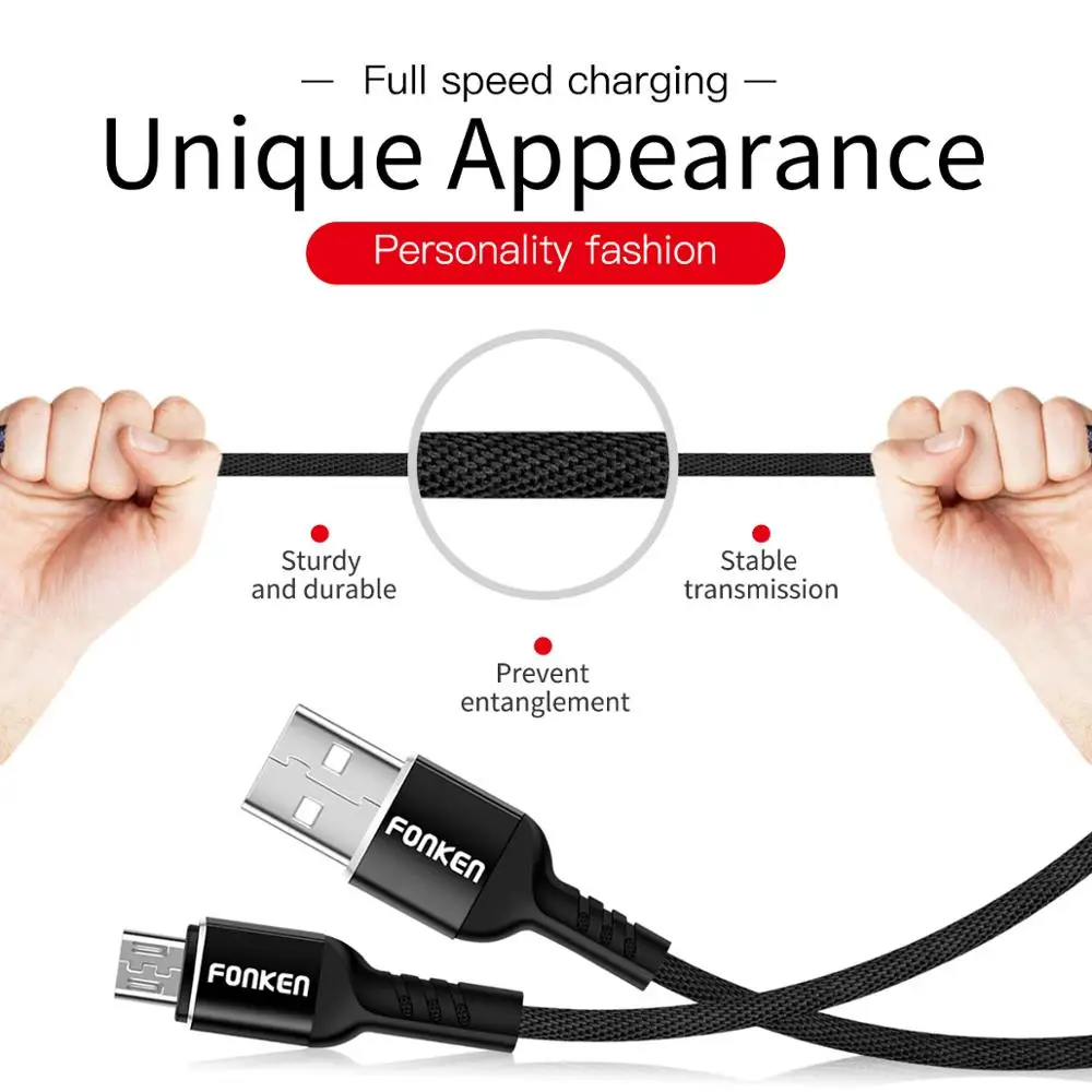 FONKEN Micro USB кабель 3A Быстрая зарядка usb-кабели данных 1 м 2 м тканевый Плетеный Android мобильный телефон USB зарядное устройство Быстрая зарядка провода