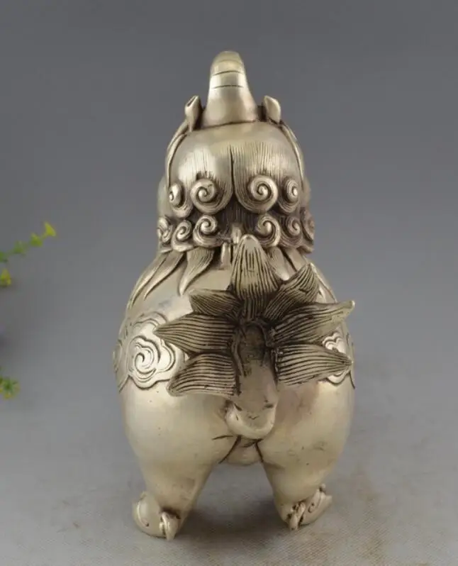 

China Tibet Buddhism Fane Silver Carved Dogs Lions Incense Burner Statue
