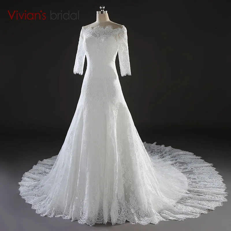 Vivian's Bridal белое кружевное свадебное платье с русалочкой три четверти на
