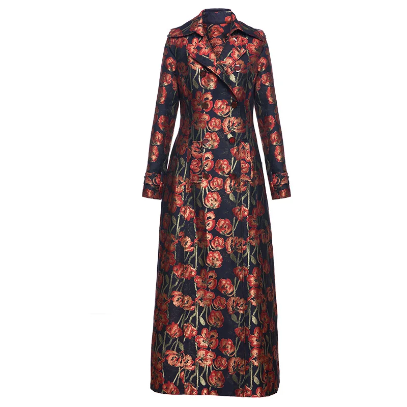 

Trench Coat for Women Windbreaker Spring Autumn Embroidery Long Coat Women Double Breasted Overcoat Runway 9083