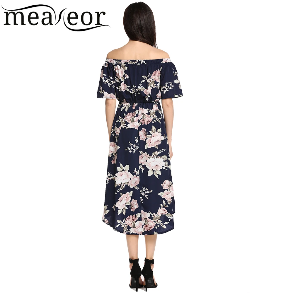 Meaneor Women Casual Slash Neck Off Shoulder Short Sleeve Dress Floral Prints A-Line Pleated Hem 2018 Summer New Ladies Dresses | Женская