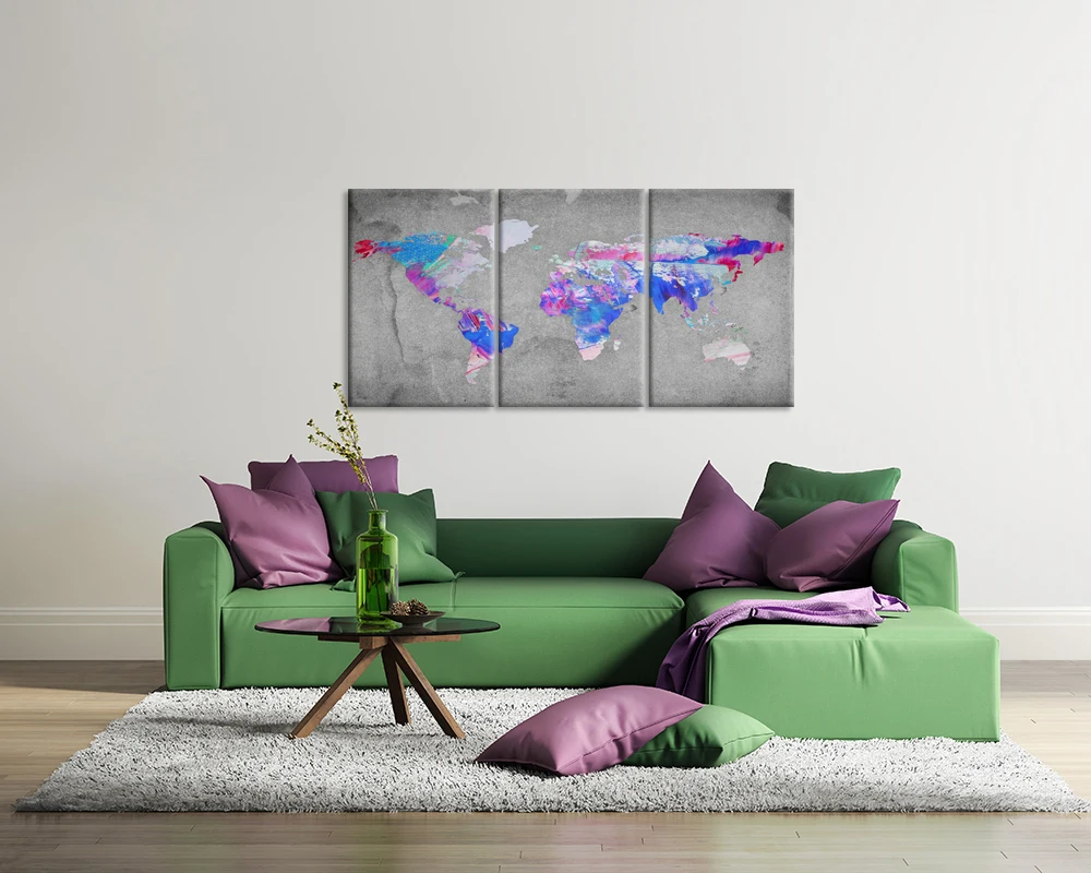 Холст стены искусства печати винтажная карта мира синий фиолетовый цвет на сером