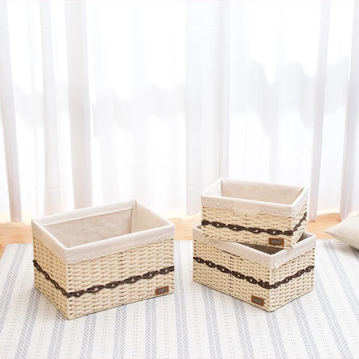 cream white fabric Соломенные Корзины-органайзер с крышкой для хранения игрушек, уникальные пыленепроницаемые бумажные плетеные корзины из ротанга для фруктов, настольные коробки для хранения хлеба - Color: cream white fabric