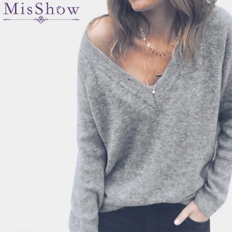 MisShow Autumn Winter Sexy Double V Neck Knitted Sweater Women Fashion Solid 6 Colors Pullover Ladies Sweaters Jumper | Женская одежда