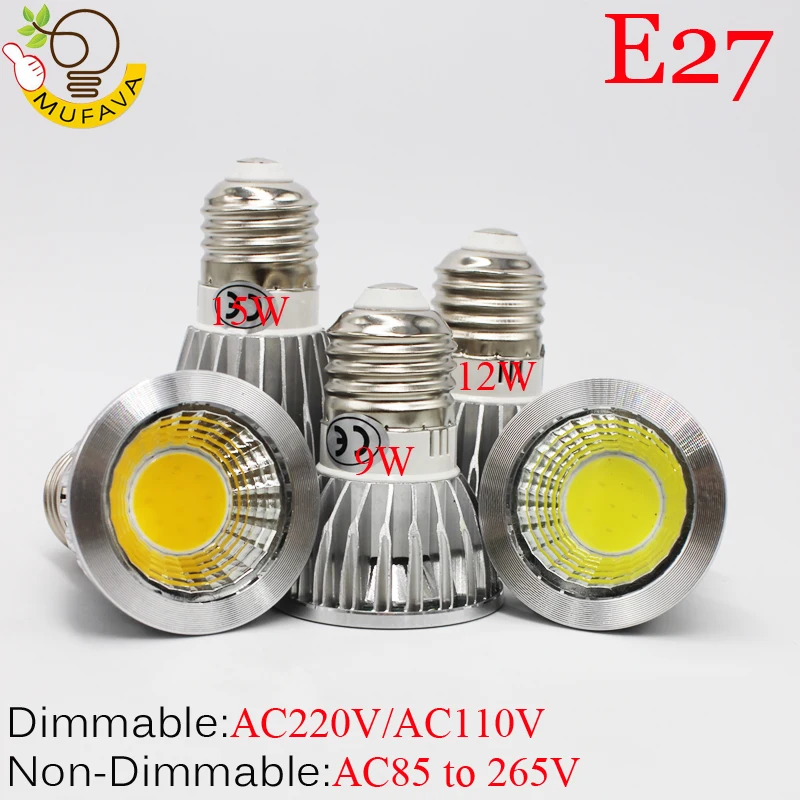 Алюминиевый Диммируемый Светодиодный точечный светильник 9 Вт 12 15 E27 COB прожектор