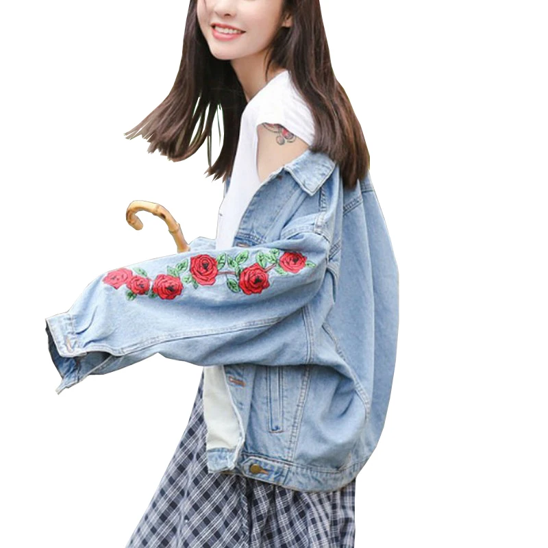 EXOTAO Rose Embroidery Denim Coat Women Autumn Washed Blue Jackets Vintage Lapel Casaco Loose Long Sleeve Abrigo Mujer Outwear | Женская