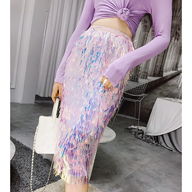 pink colour LANMREM Весенняя модная Новая эластичная юбка с высокой талией, с блестками и кисточками, универсальная женская сетчатая юбка YE588 - Цвет: pink colour