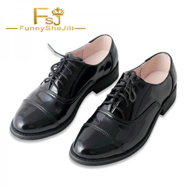 

Black Women's Oxfords Patent Leather Lace up Flats School Shoes Lace-Up Cross-tied Spring Autumn Women Shoes Day FSJ Elegant