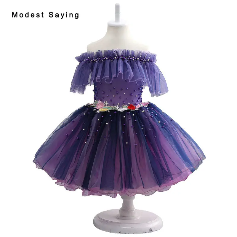 

New Fashion Purple Forest Spirit Lace Flower Girl Dress 2017 with Pearls Knee Length Wedding Pageant Gowns for Little Baby Girls
