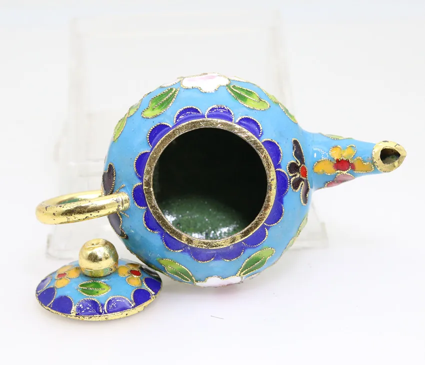 Chinese MiNi Ornament Cloisonne Enamel copper wire inlay green leaves pink white flower acid blue decoration gourd flagon H022 | Дом и сад