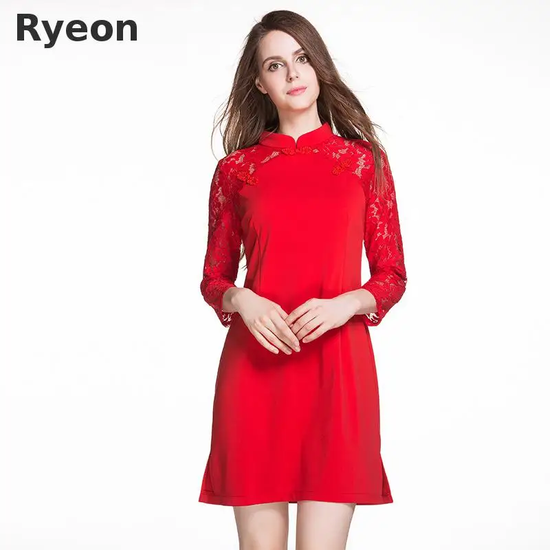 Ryeon Китайском Стиле Красные Кружева Dress Линия Твердые Полный Молнии Выше Колена