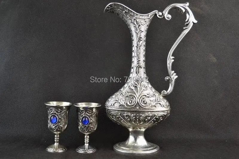 Decoration Old hand carved inlaid beads Tibetan silver Miao high teapot Cup group statue Tibet Antique Silver | Дом и сад
