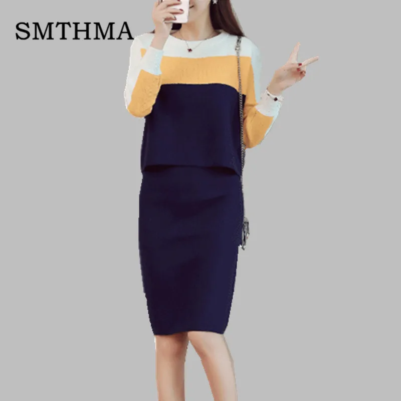 SMTHMA, Новое поступление, пуловер с длинными рукавами в стиле пэтчворк, свитер+ юбки для женщин, женский зимний костюм из 2 предметов, ropa mujer Invierno