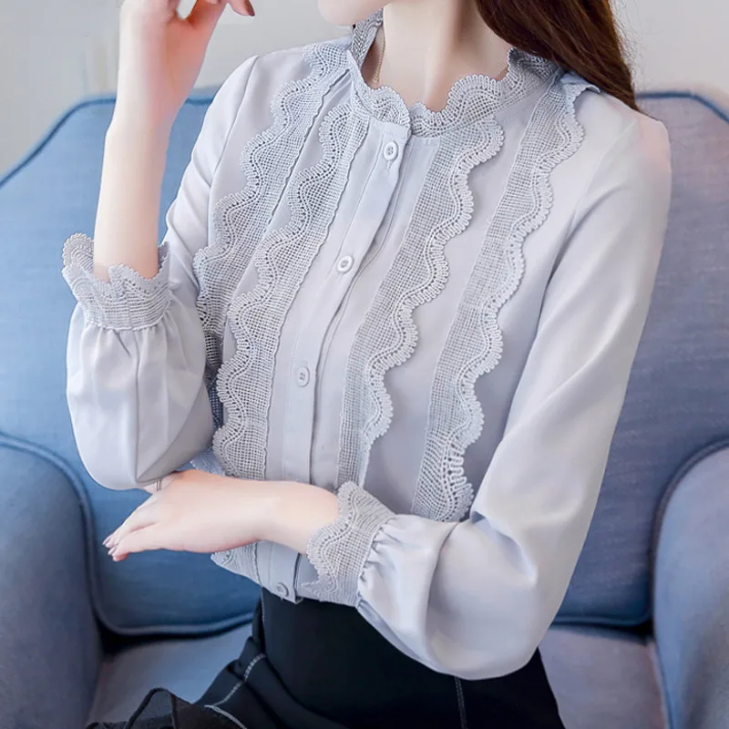 Женская кружевная блузка Повседневная шифоновая приталенная офисная с длинным