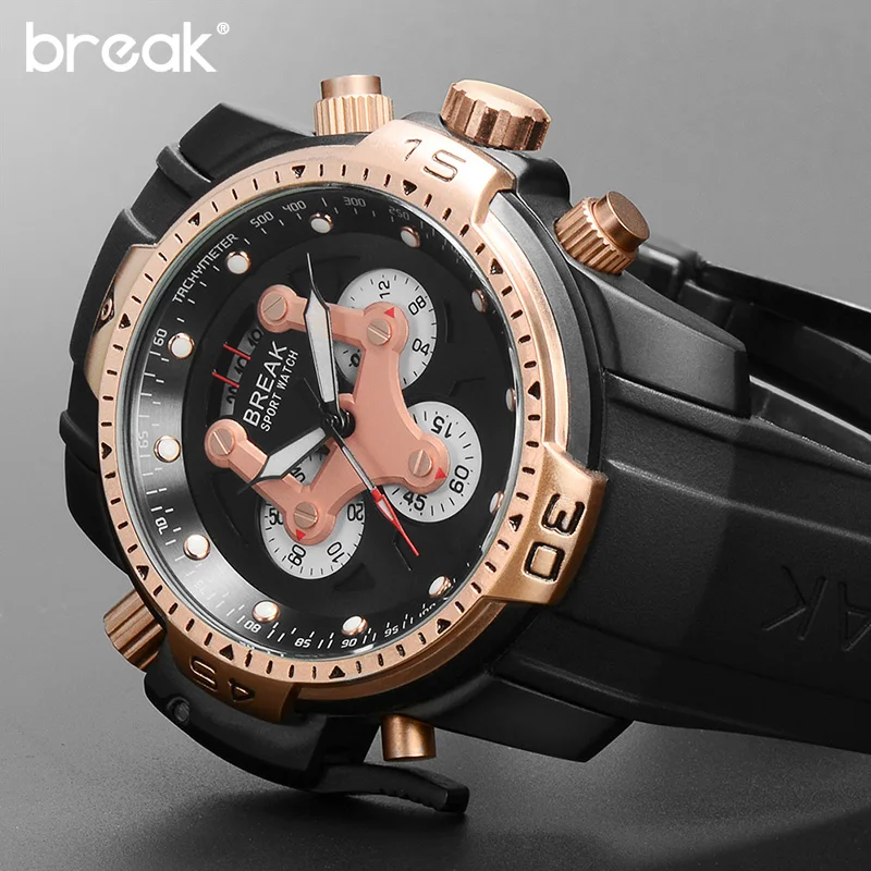 

BREAK Men Classic Fashion Military Sport Rubber Strap Chronograph Quartz Waterproof Top Luxury Brand Wristwatches Man Watches