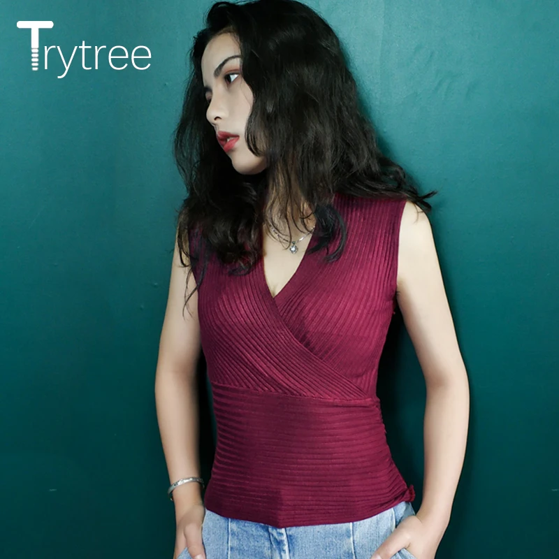 Trytree лето осень женская модная Сексуальная футболка с v образным вырезом