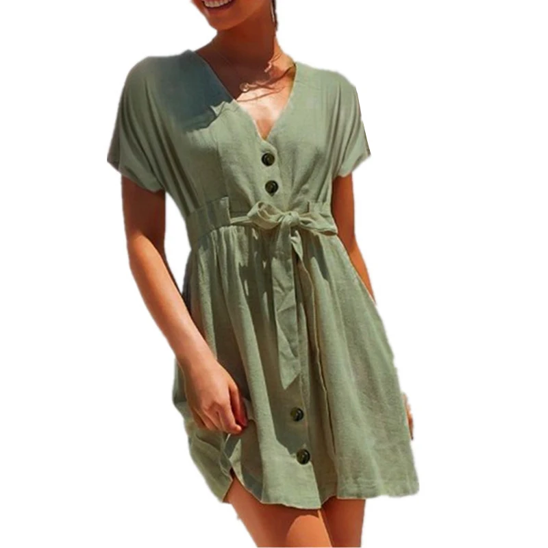 Женское освежающее короткое платье мини с v образным вырезом на пуговицах