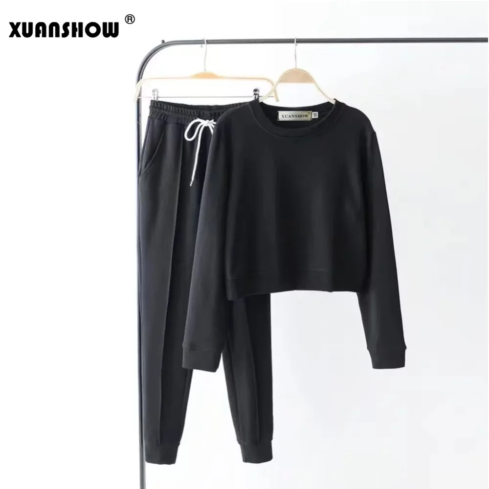 XUANSHOW, новинка, Осень-зима, женская одежда, длинный рукав, флис, Короткая Толстовка+ длинные штаны с рюшами, 2 предмета, спортивные костюмы для женщин