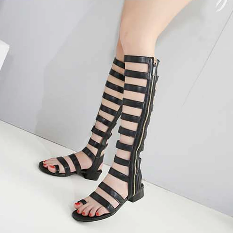 2019 Summer Women Sandals Open Toe Knee High Boots Zipper Gladiator Cover Heel Flat Casual size 35-41 | Обувь