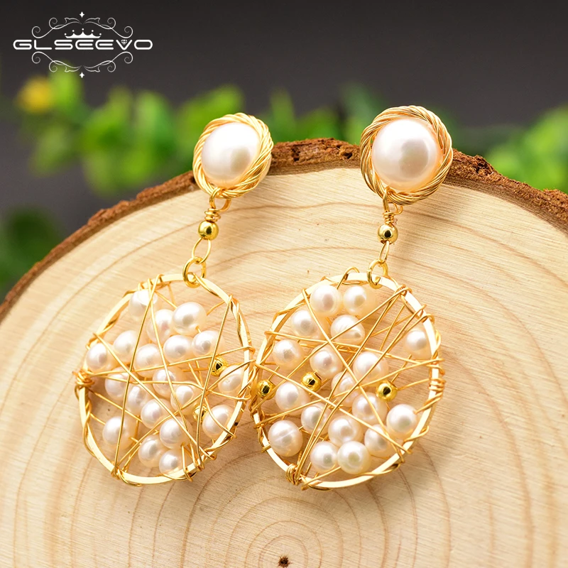 Круглые серьги-подвески GLSEEVO из натурального пресноводного белого жемчуга для