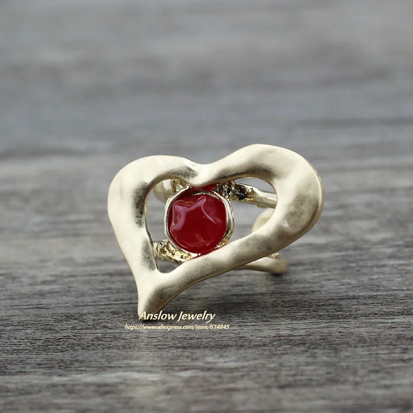 Gold Red Anslow, дизайн, Ретро стиль, Ретро стиль, модное ювелирное изделие, сердце, смола, Женское кольцо для пары, друзей, подарок на день рождения, LOW0014AR - Цвет основного камня: Gold Red