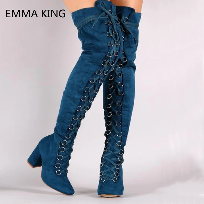 Emma king/Замшевые женские высокие сапоги на шнуровке новый стиль модные до колена