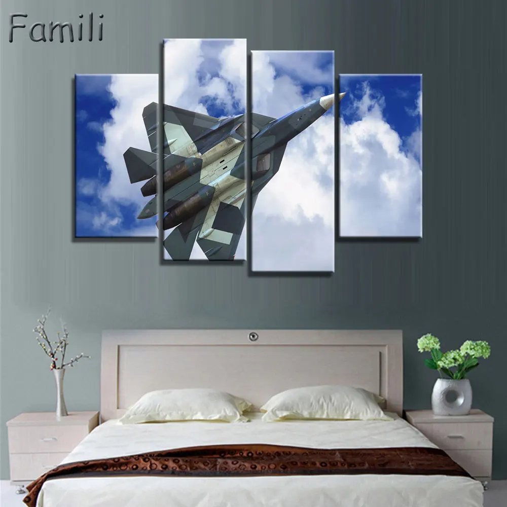 4 Pieces Painting Fighter Airplane Aircraft Model Wall Art Canvas Prints Modern Artwork Pictures for Living Room Unframed | Дом и сад