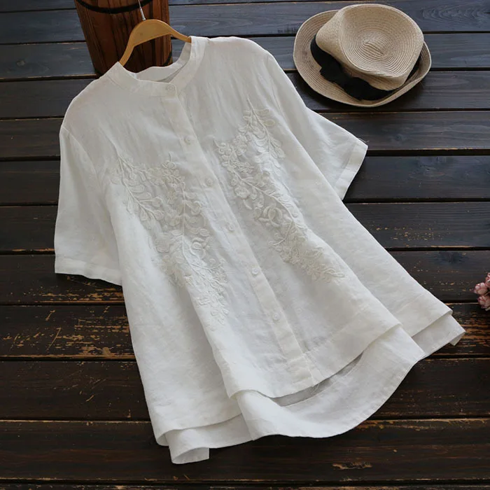 4548 Summer Women Japan Style Cotton Linen Stand Collar Top Embroidery Short Sleeve Blouse Big Size Loose A-Line | Женская одежда