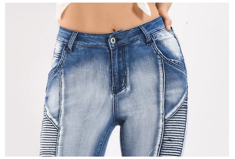 Светло-голубой Slim Fit Для женщин байкер цикла на Высокая Талия приталенные Стрейчевые штаны джинсовые обтягивающие штаны Motor Jeans для Для женщин