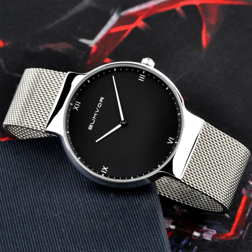 Bumvor Топ часы для мужчин люксовый бренд сетка стальной ремешок тонкие мужские