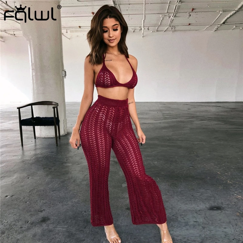 Женский трикотажный комплект из двух предметов FQLWL вязаный кроше Топ и широкие