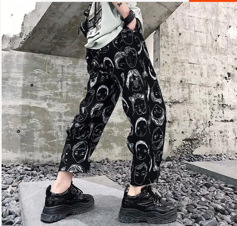 Черный M-xl! Летние Новые мужские Свободные повседневные штаны с персональным принтом из мультфильмов, Мужские Молодежные штаны-шаровары в стиле хип-хоп, девять штанов - Цвет: Черный