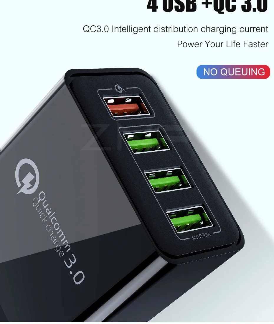 ZNP Быстрая зарядка 3,0 USB зарядное устройство 30 Вт QC3.0 QC турбо Быстрая зарядка мульти разъем зарядное устройство для мобильного телефона для iPhone X samsung S8 Xiaomi