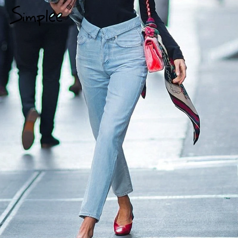 Simplee Fold-over waist blue jeans women pants Casual pocket denim harem Streetwear skinny autumn trousers 2019 |