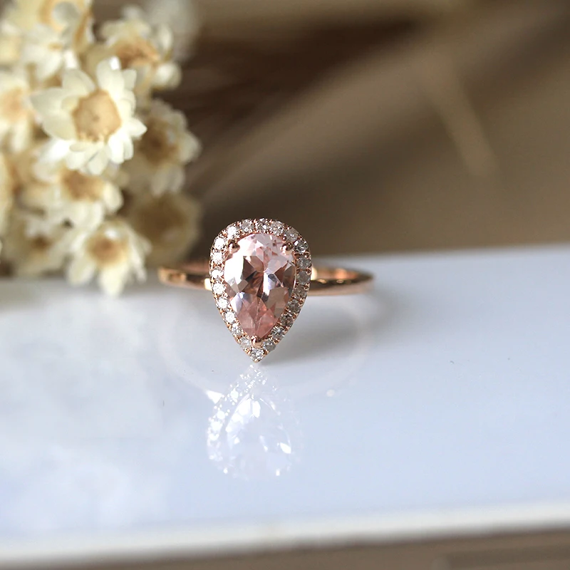 

Dupuy Gemstone Rings Peach Pink Natural Morganite Pear Cut Ring Gemstone Jewelry 6*9mm 1.2ct Diamond Rings For Women D180039