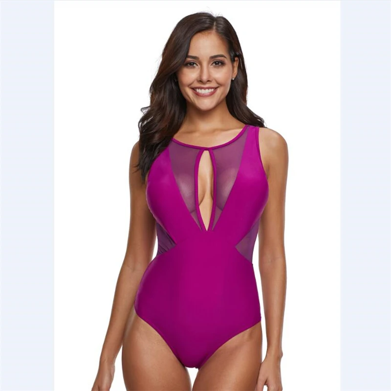 Женский цельный купальник однотонный с вырезами монокини большого размера