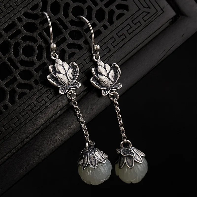Uglyless 100% Real 925 Sterling Handmade Lotus Earrings Natural White Jade Flower Fine Jewelry Thai Silver Ethnic Brincos Bijoux | Украшения