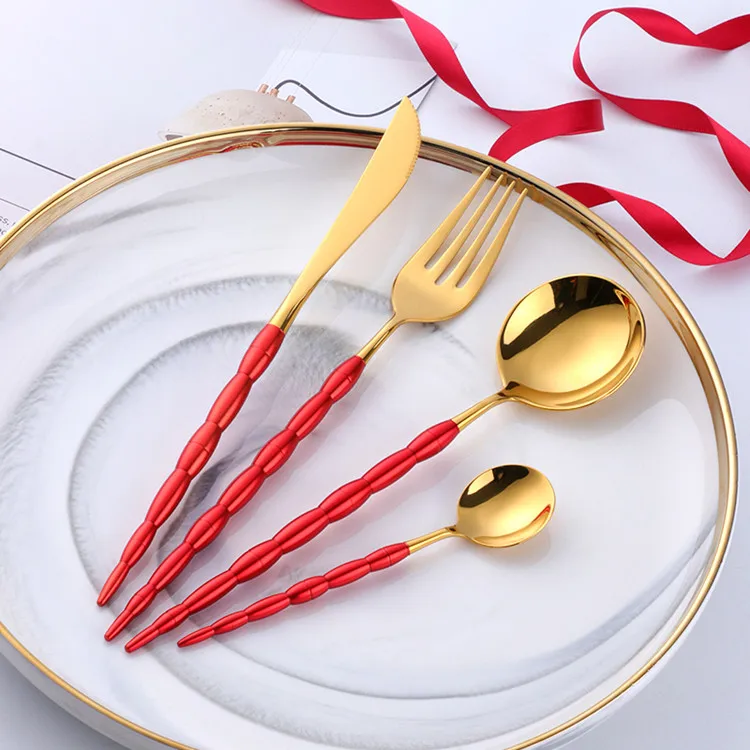 Red Gold 16/24 шт. уникальная ручккие посуды набор Нержавеющая сталь набор столовых приборов Золотой Ресторан посуда набор столовый Ножи вилка ложка Xmas - Цвет: Red Gold